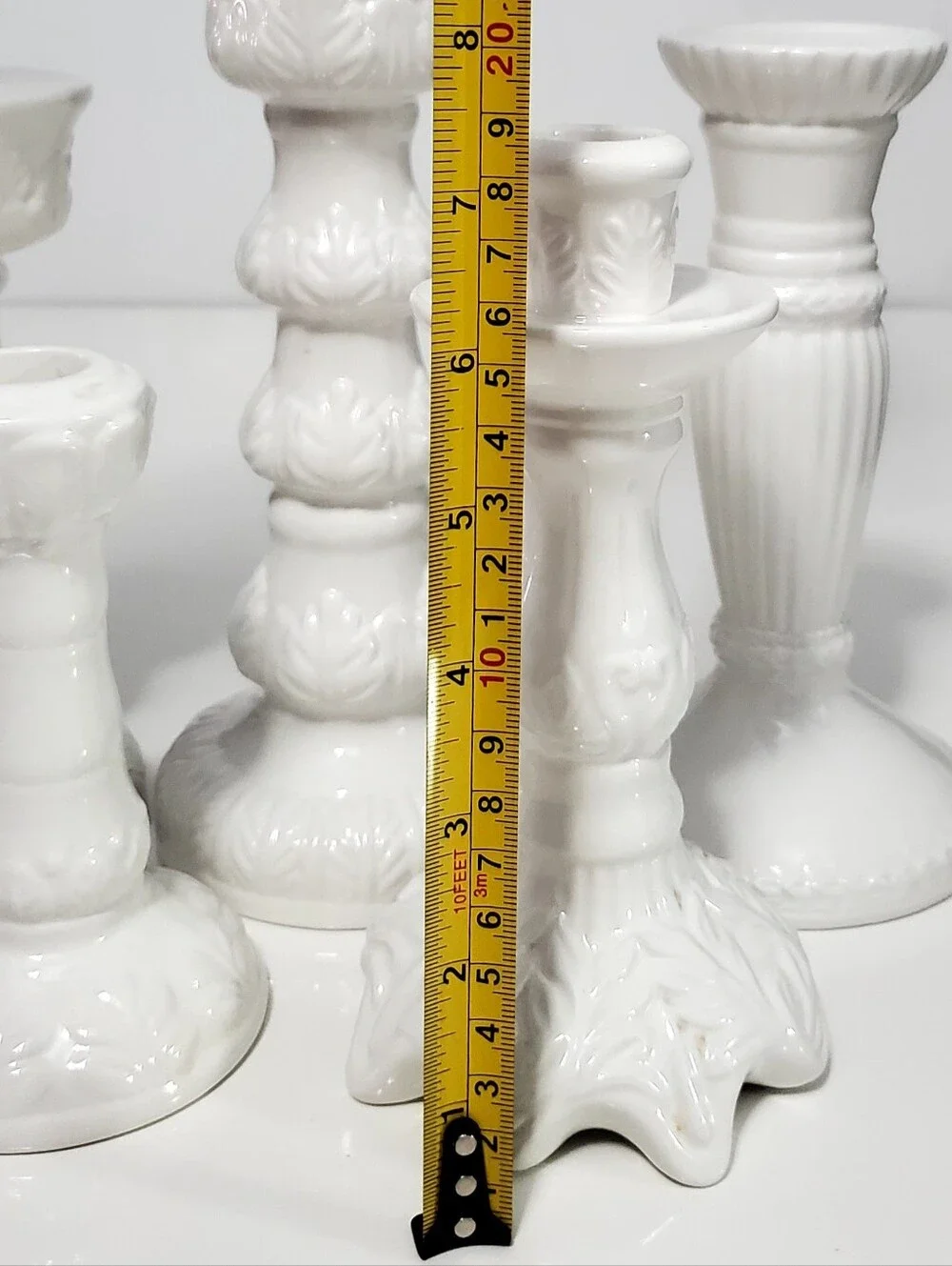 5 Pc Set White Various Design Ceramic Taper Candle Holders Varying Sizes